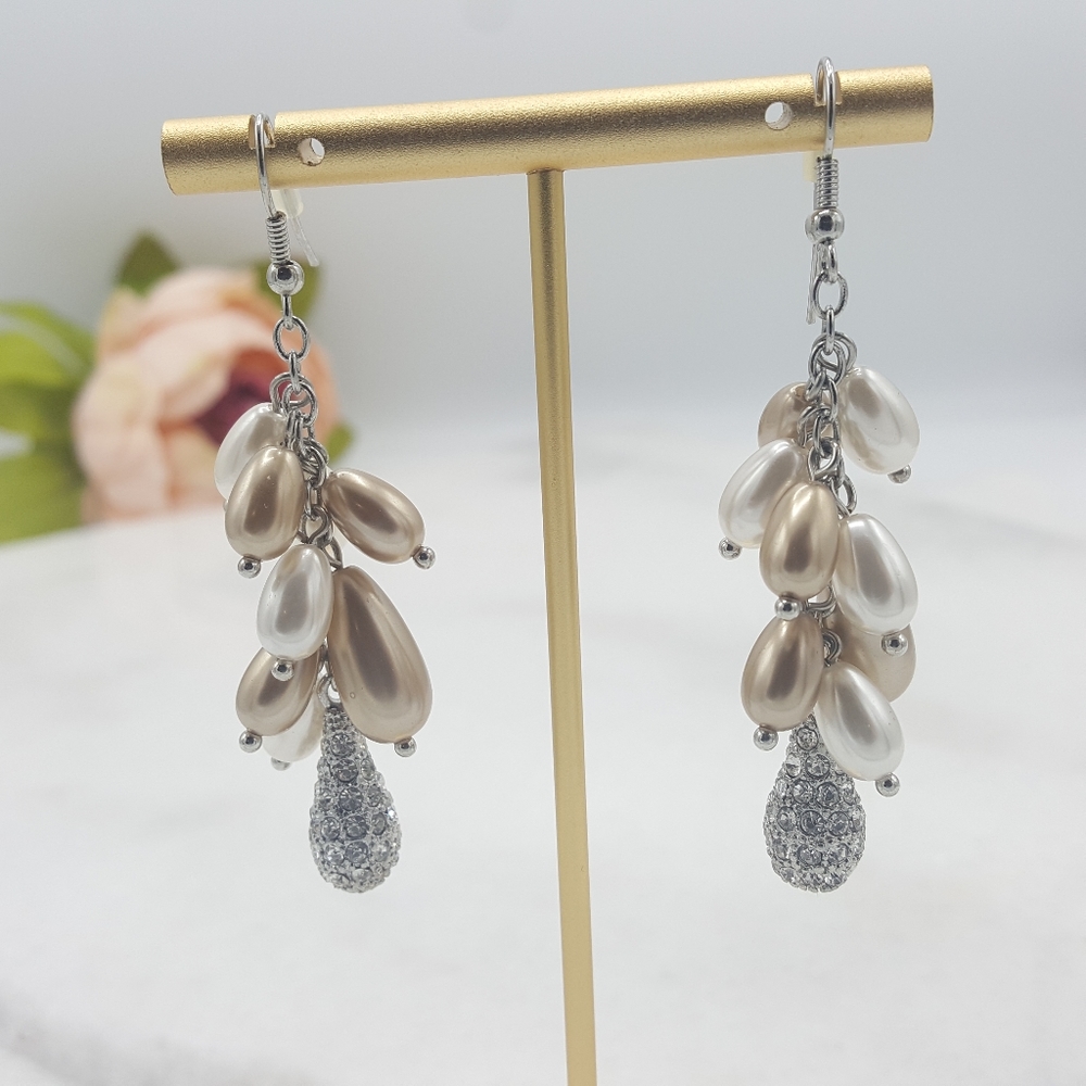 ✔Champagne Pearl & Pave Cluster Drop Earrings